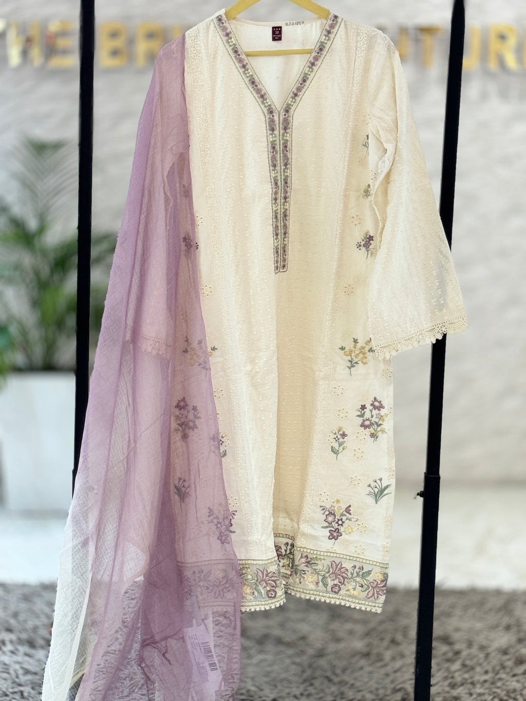 Premium Cream Cotton Suit Set with Embroidered Neck & Bottom, Ombre Dupatta q562807