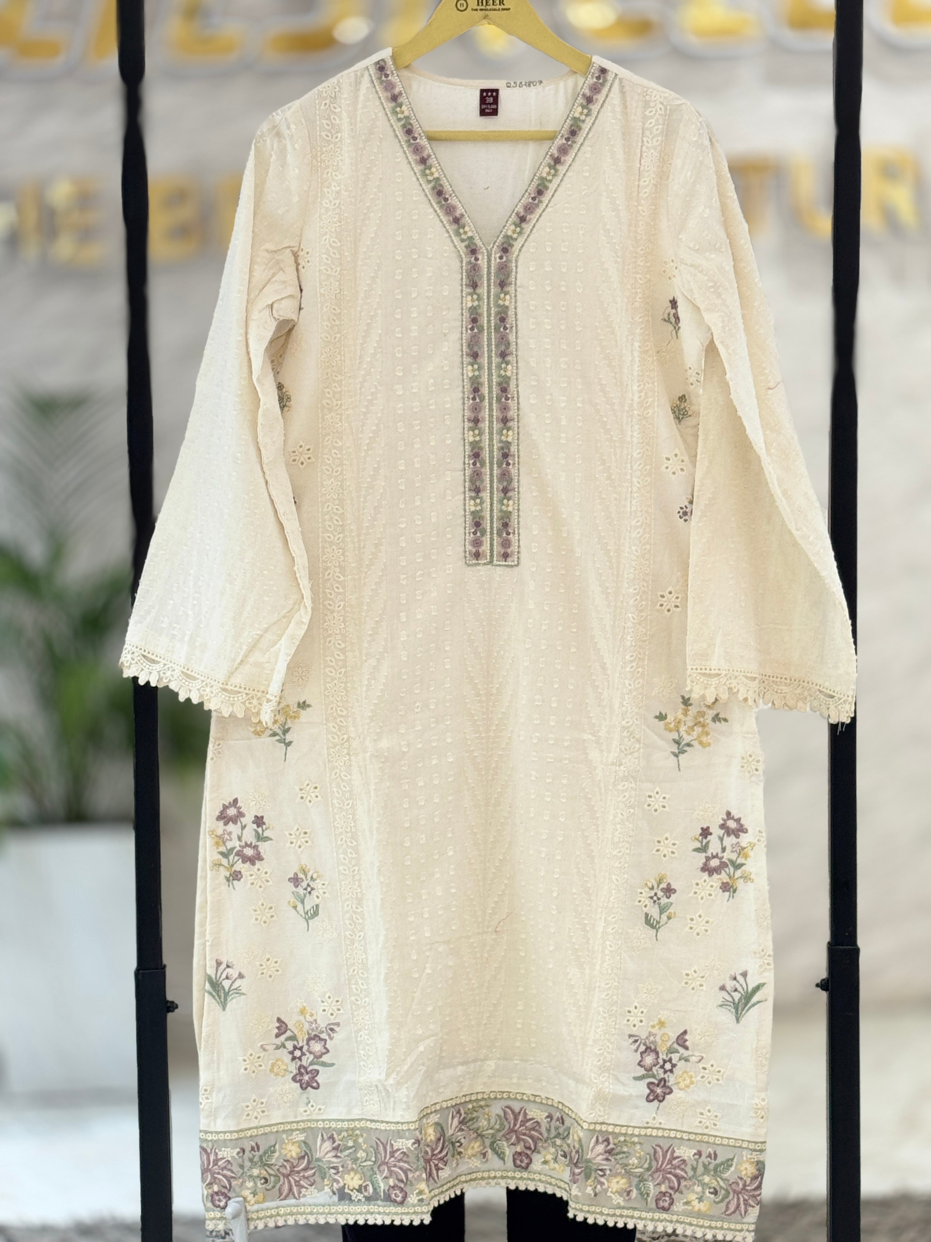 Premium Cream Cotton Suit Set with Embroidered Neck & Bottom, Ombre Dupatta q562807