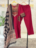 ₹1439 Red Cotton Suit Set with Kalamkari Print Dupatta