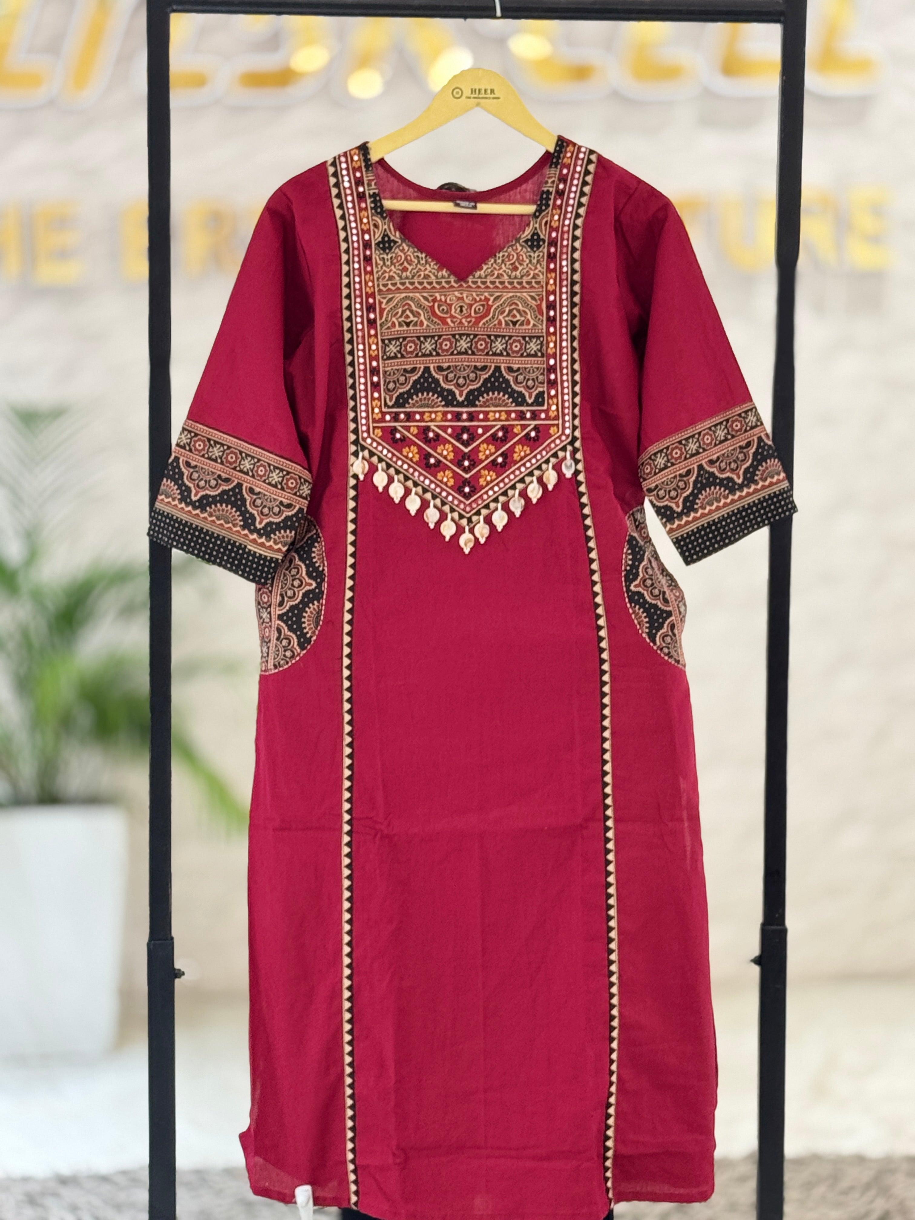 Q562844 Elegant Crimson Red Cotton Suit Set with Kalamkari Print Dupatta (M-XXL)