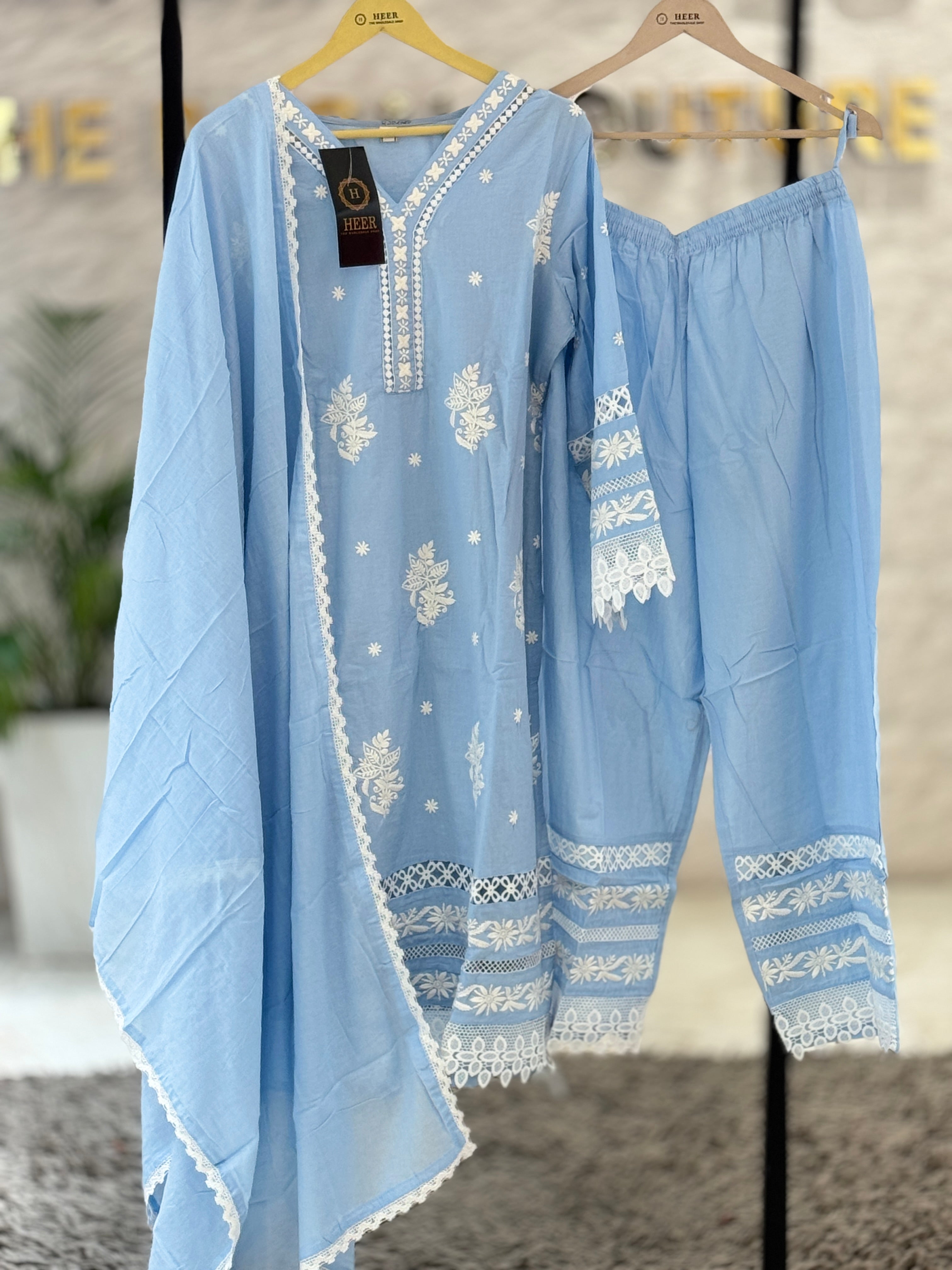 Q562786 Elegant Sky Blue Chikankari Embroidery Cotton Kurta Set with Lace Details