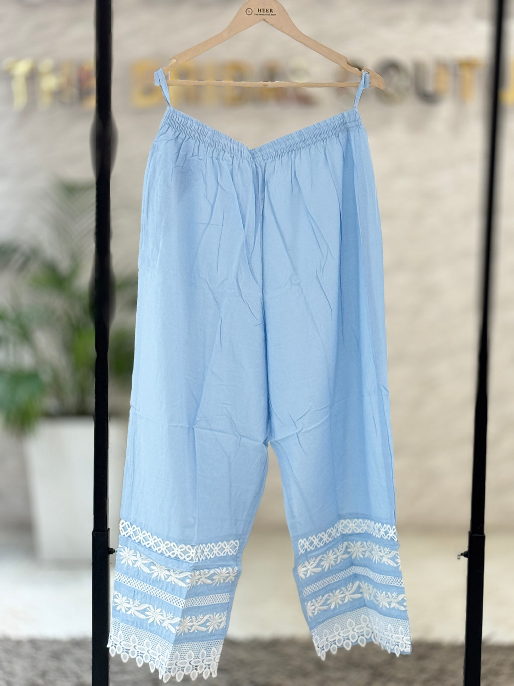 Q562786 Elegant Sky Blue Chikankari Embroidery Cotton Kurta Set with Lace Details