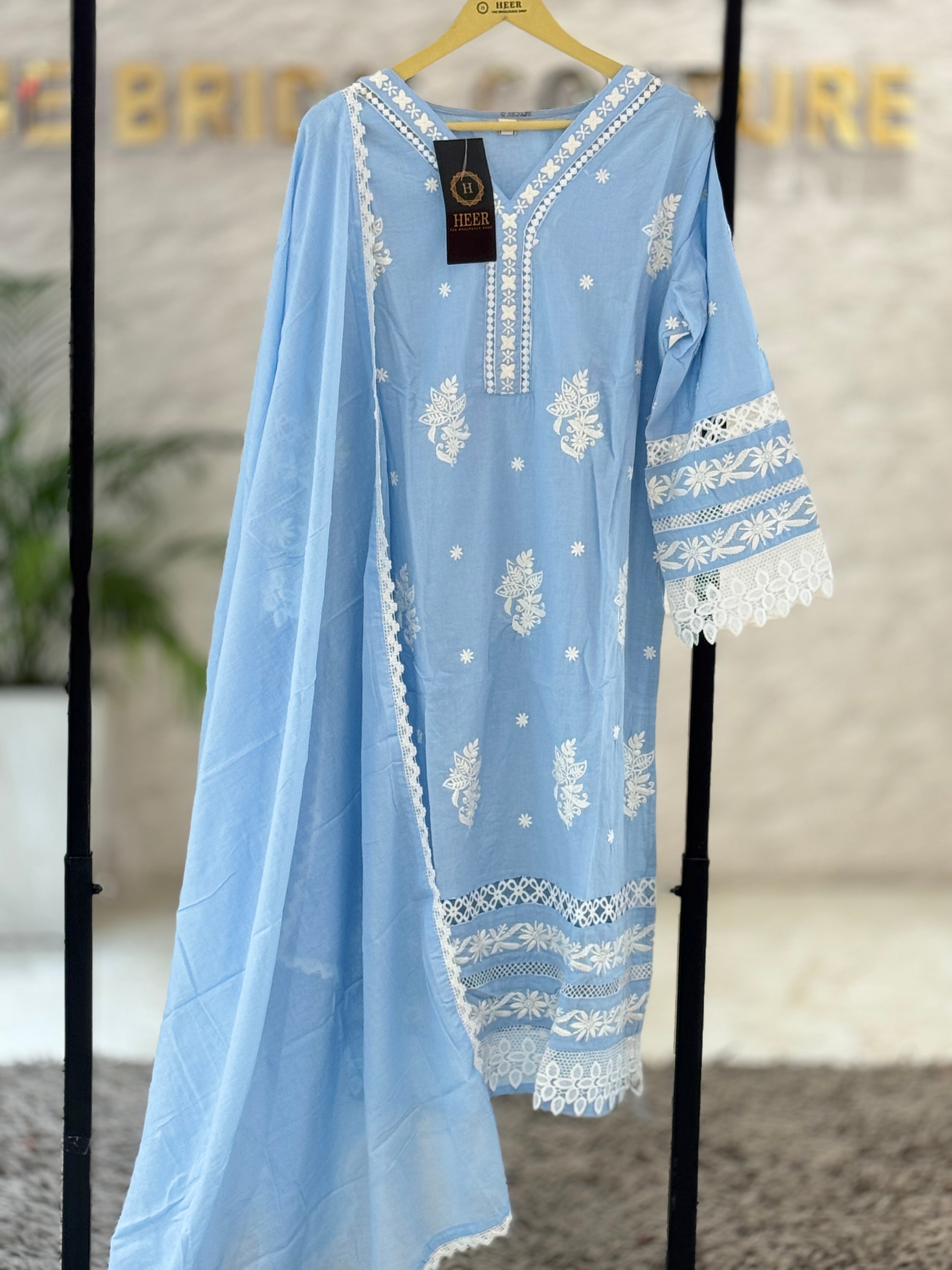 Q562786 Elegant Sky Blue Chikankari Embroidery Cotton Kurta Set with Lace Details