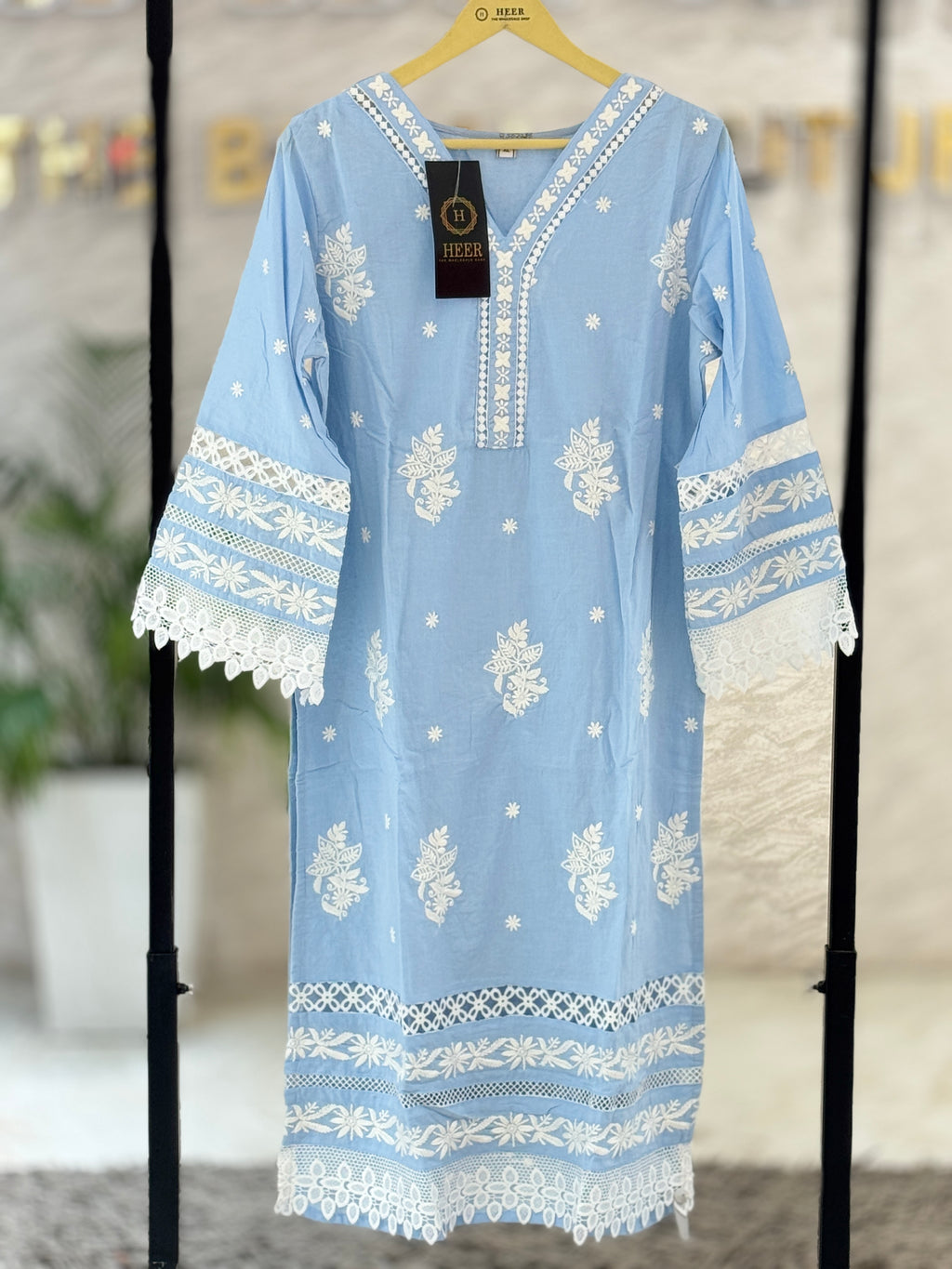 Q562786 Elegant Sky Blue Chikankari Embroidery Cotton Kurta Set with Lace Details