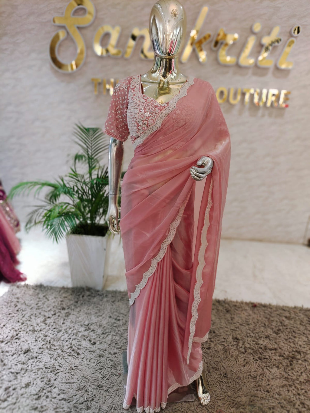 Q562697 Pink Jimmy Choo pearl work Saree