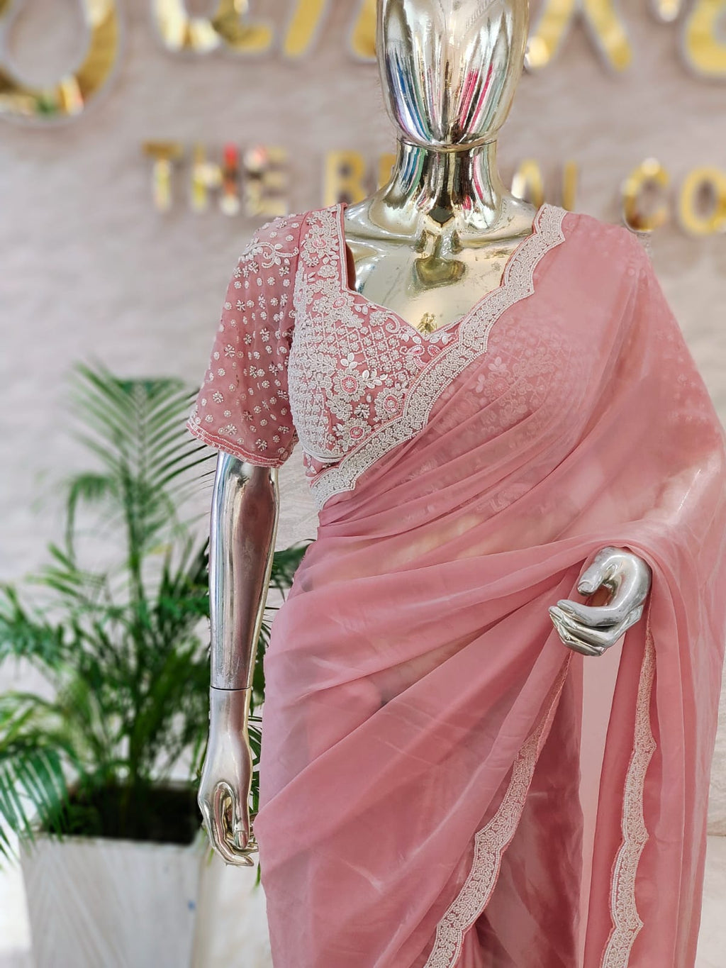 Q562697 Pink Jimmy Choo pearl work Saree
