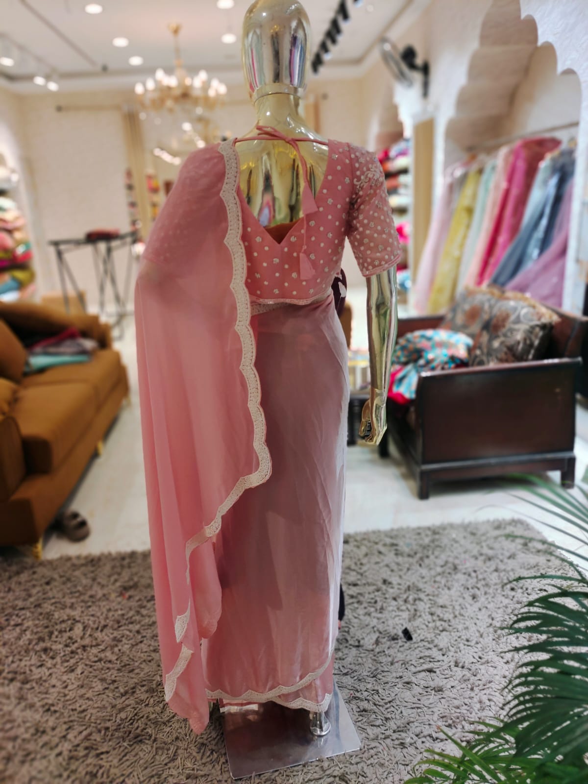 Q562697 Pink Jimmy Choo pearl work Saree