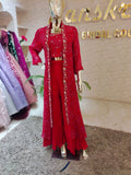 Radiant Red 3-Piece Indo-Western Set with Embroidered Shrug & Palazzo q561284