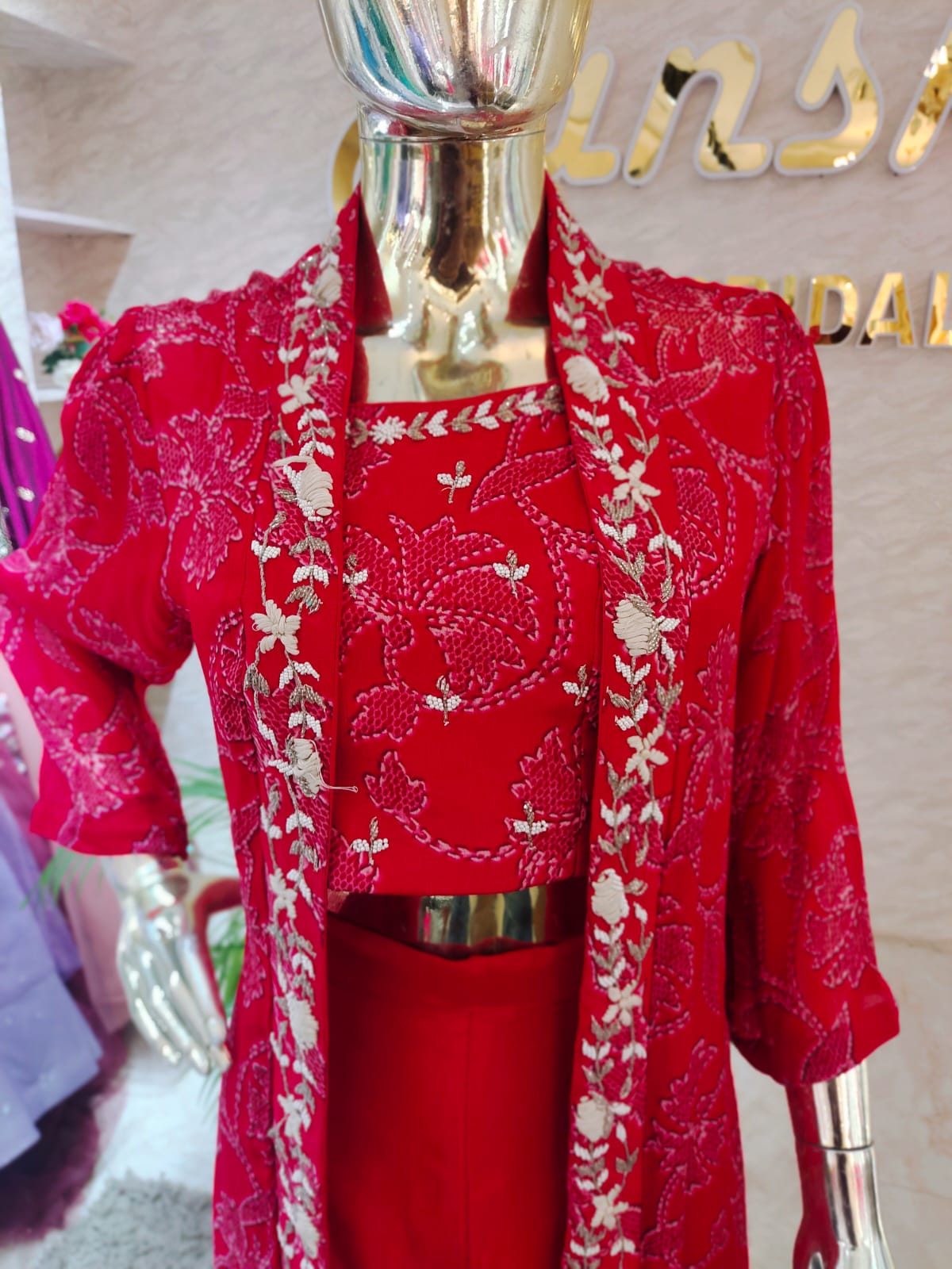 Radiant Red 3-Piece Indo-Western Set with Embroidered Shrug & Palazzo q561284
