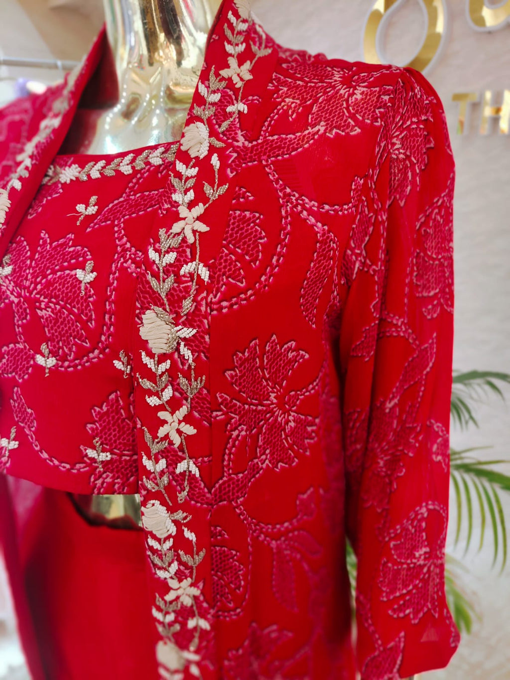 Radiant Red 3-Piece Indo-Western Set with Embroidered Shrug & Palazzo q561284