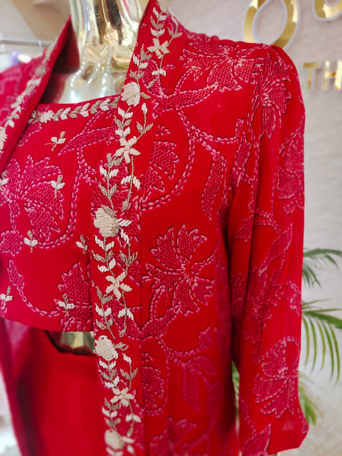 Radiant Red 3-Piece Indo-Western Set with Embroidered Shrug & Palazzo q561284