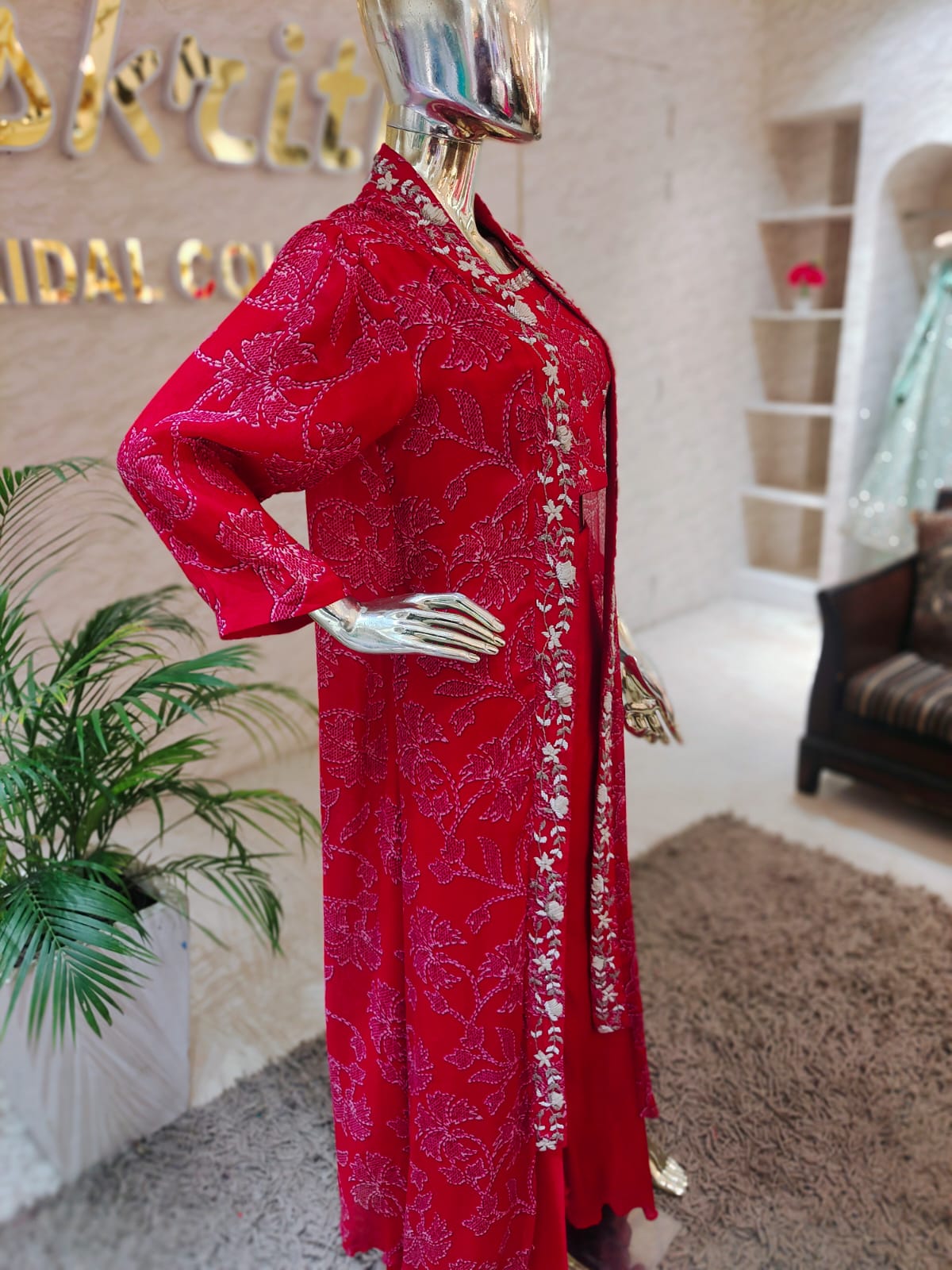 Radiant Red 3-Piece Indo-Western Set with Embroidered Shrug & Palazzo q561284