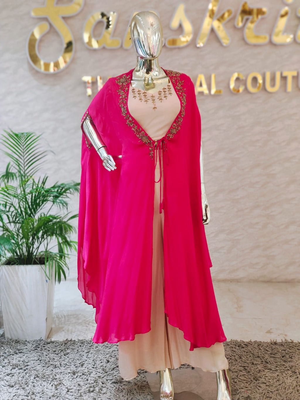 Sophisticated Blush Pink Co-ord Set with Magenta Hand-Worked Cape Shrug q109640