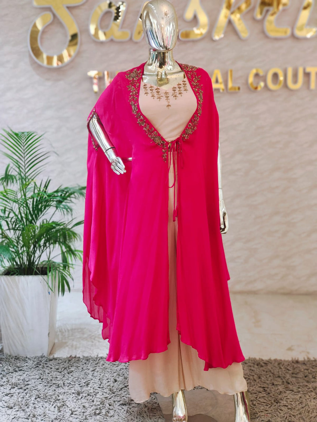 Sophisticated Blush Pink Co-ord Set with Magenta Hand-Worked Cape Shrug q109640