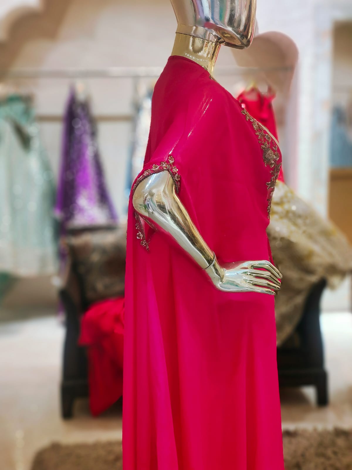 Sophisticated Blush Pink Co-ord Set with Magenta Hand-Worked Cape Shrug q109640