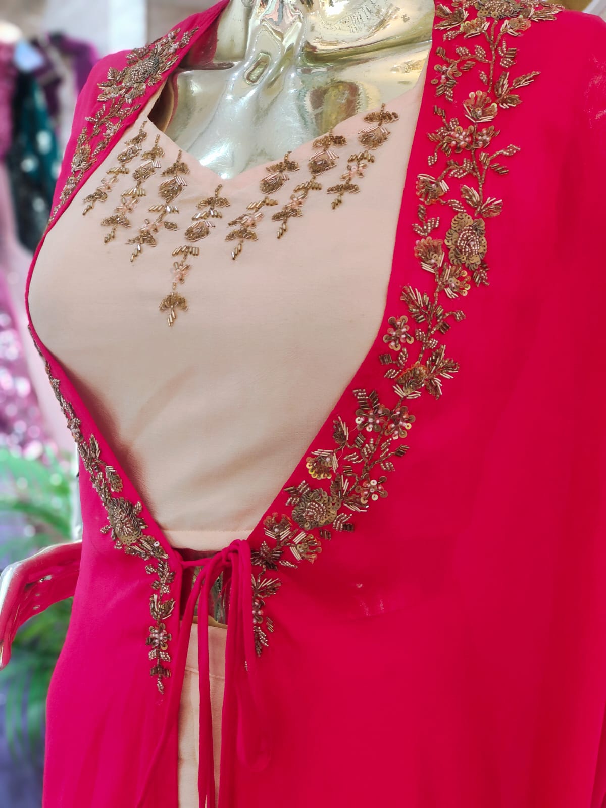 Sophisticated Blush Pink Co-ord Set with Magenta Hand-Worked Cape Shrug q109640