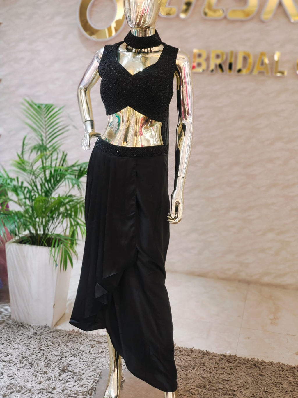 Designer Hand-Worked Georgette Blouse & Satin Dhoti Set q562404
