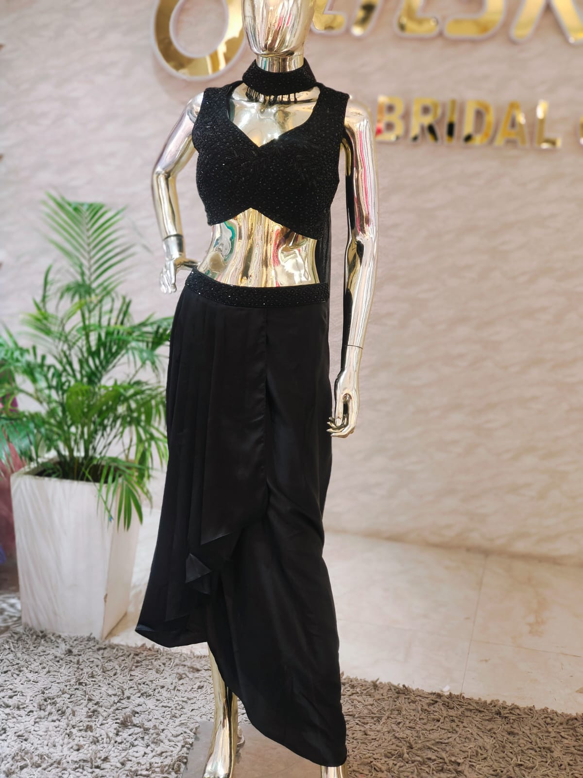 Designer Hand-Worked Georgette Blouse & Satin Dhoti Set q562404