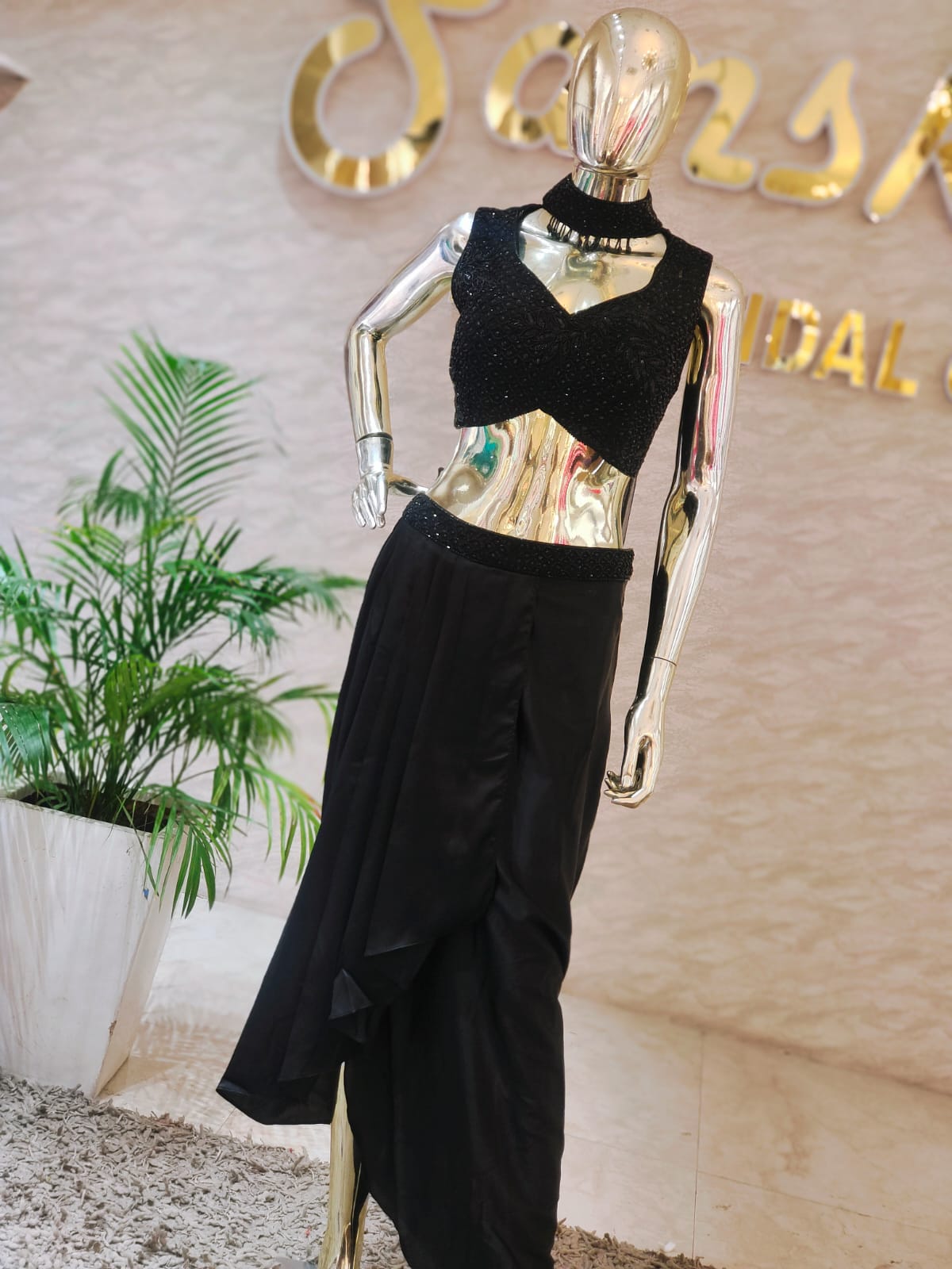 Designer Hand-Worked Georgette Blouse & Satin Dhoti Set q562404