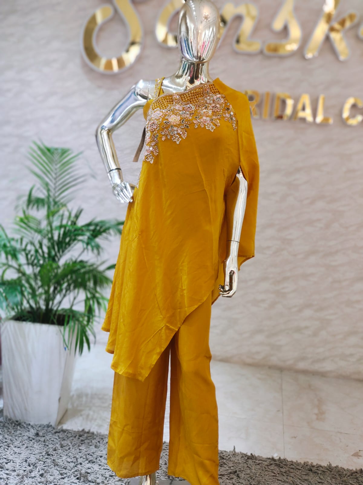 Mustard Yellow Kaftan-Style Co-ord Set with Artisan Hand-Work q562682
