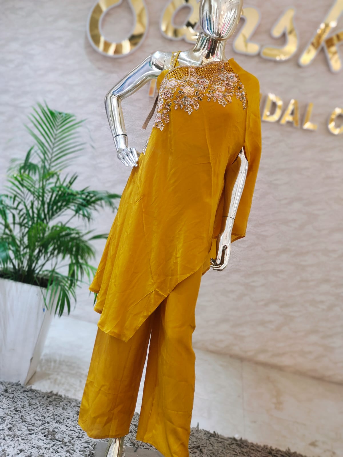 Mustard Yellow Kaftan-Style Co-ord Set with Artisan Hand-Work q562682