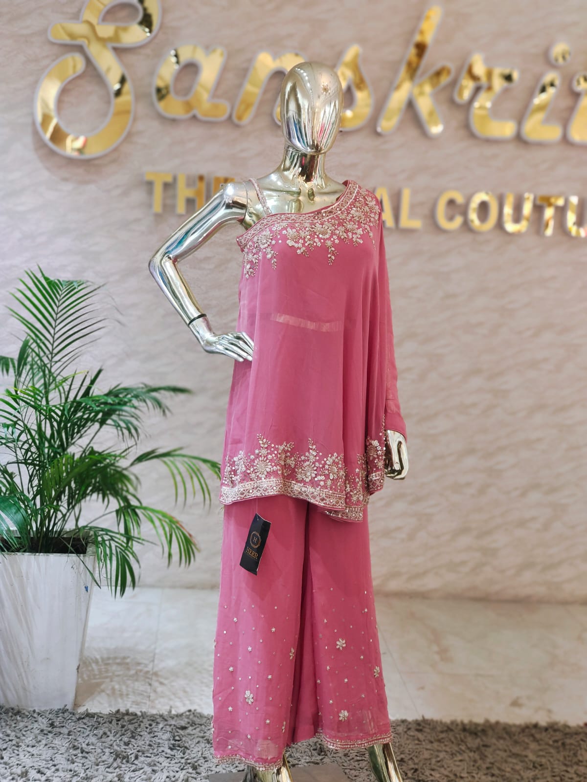 Designer Mauve-Pink One-Shoulder Co-ord Set with Heavy Hand-Work q562681