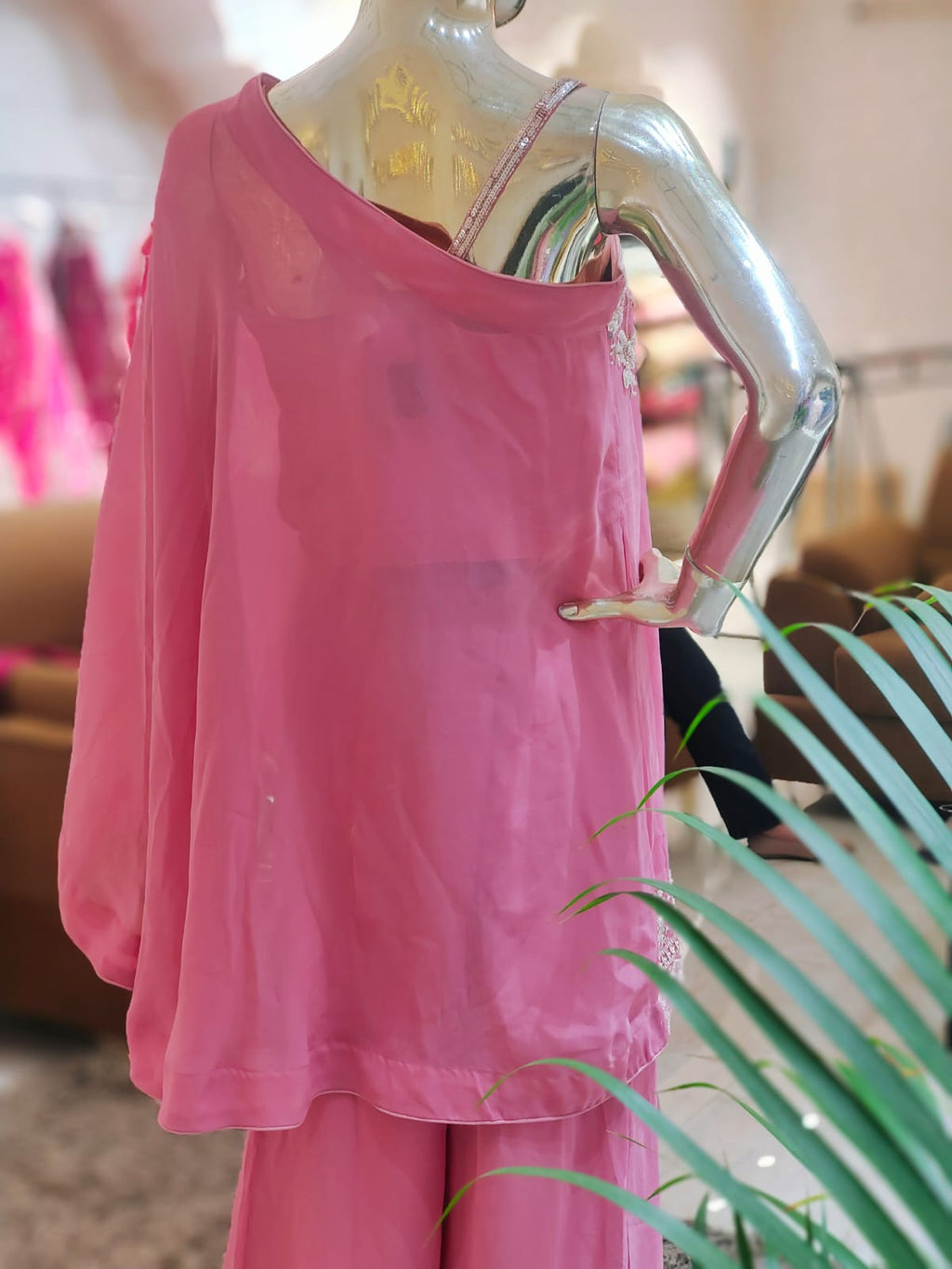 Designer Mauve-Pink One-Shoulder Co-ord Set with Heavy Hand-Work q562681