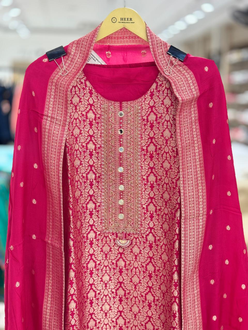 Gorgeous Magenta Pink Banarasi Woven 3-Piece Readymade Kurta Set q561897
