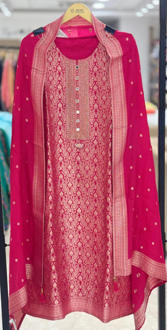 Gorgeous Magenta Pink Banarasi Woven 3-Piece Readymade Kurta Set q561897