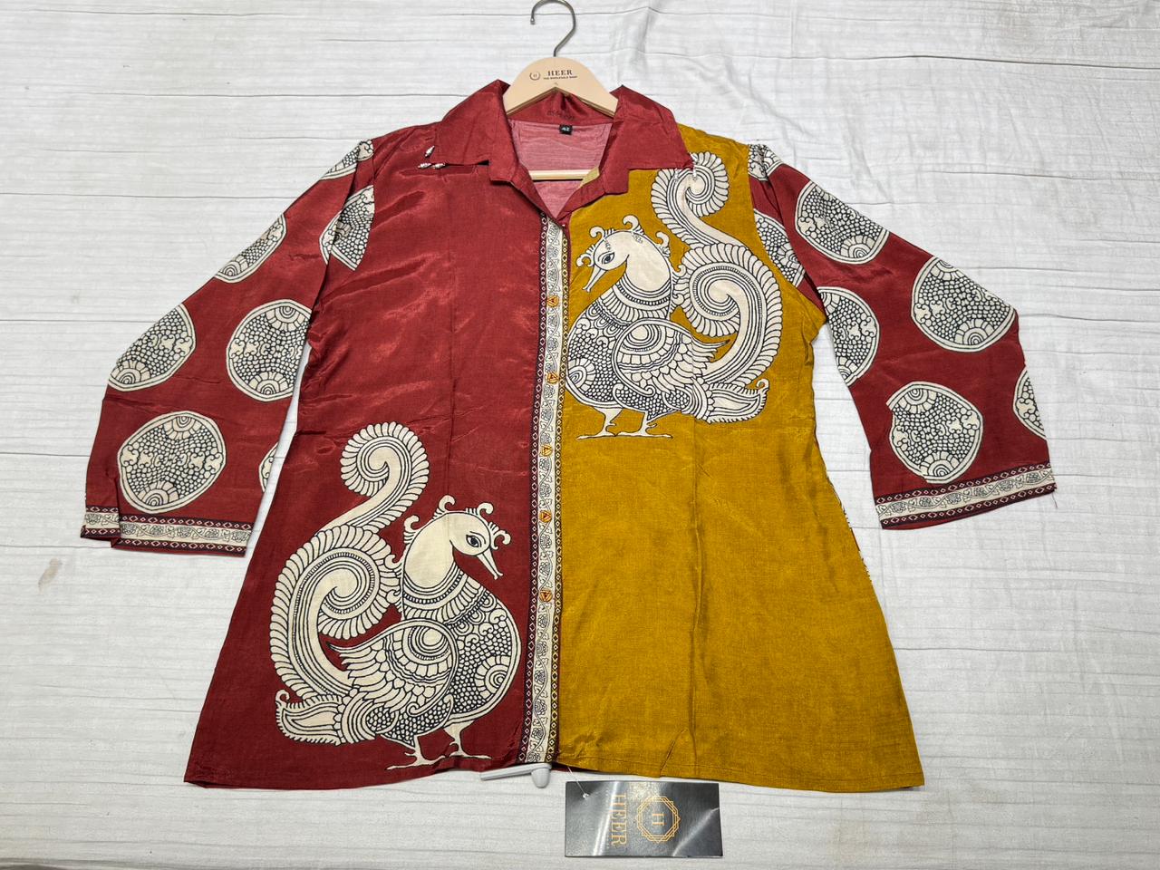 Artisanal Peacock Motif Fusion top – Traditional Maroon & Mustard Shirt-Style q562799