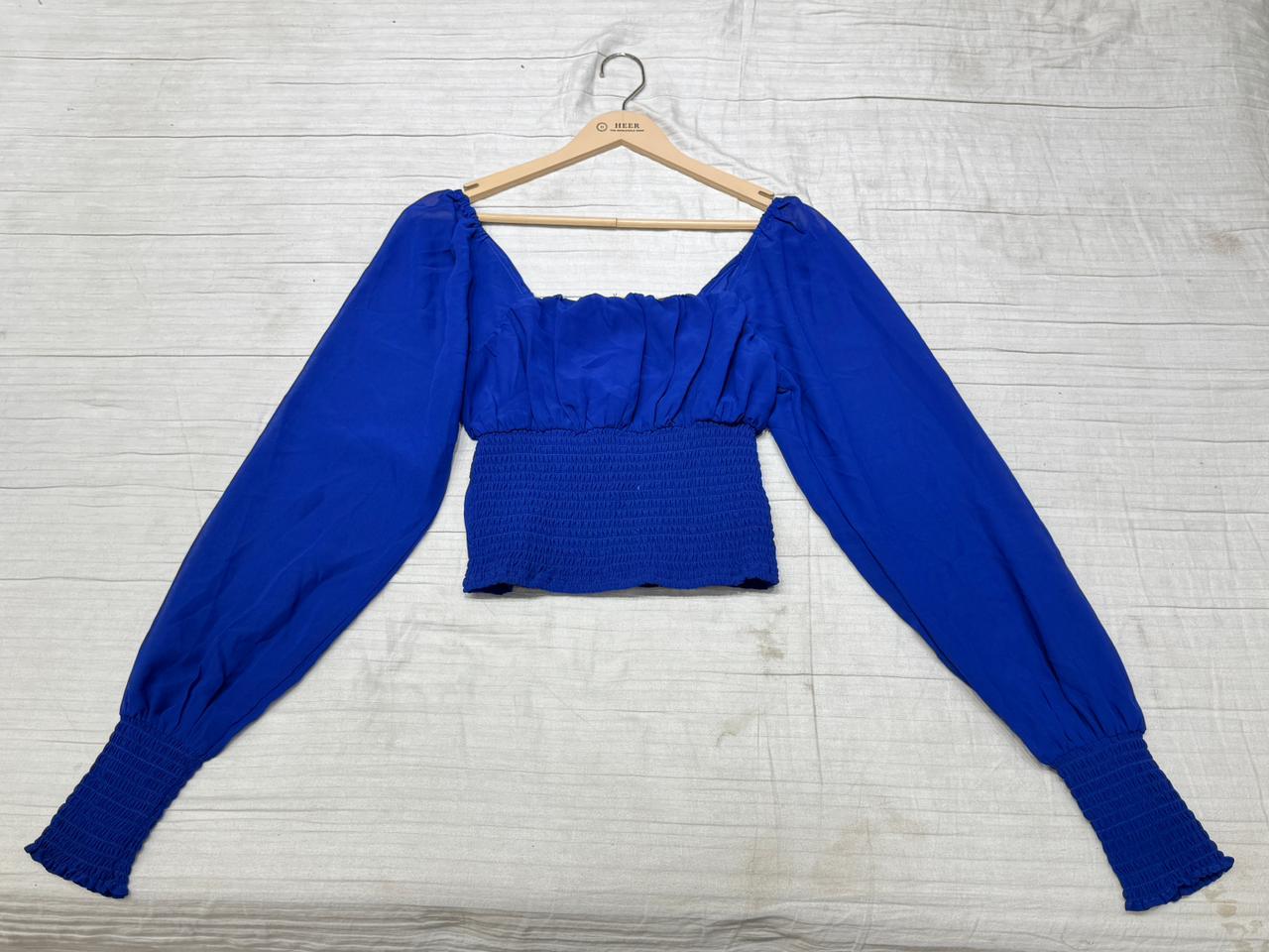 Royal Blue Smocked Off-Shoulder Balloon Sleeve Top q562771